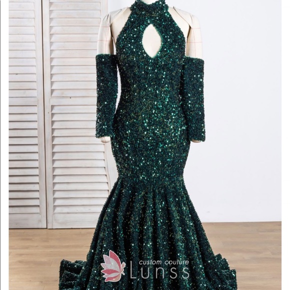 Custom couture emerald green sequin gown